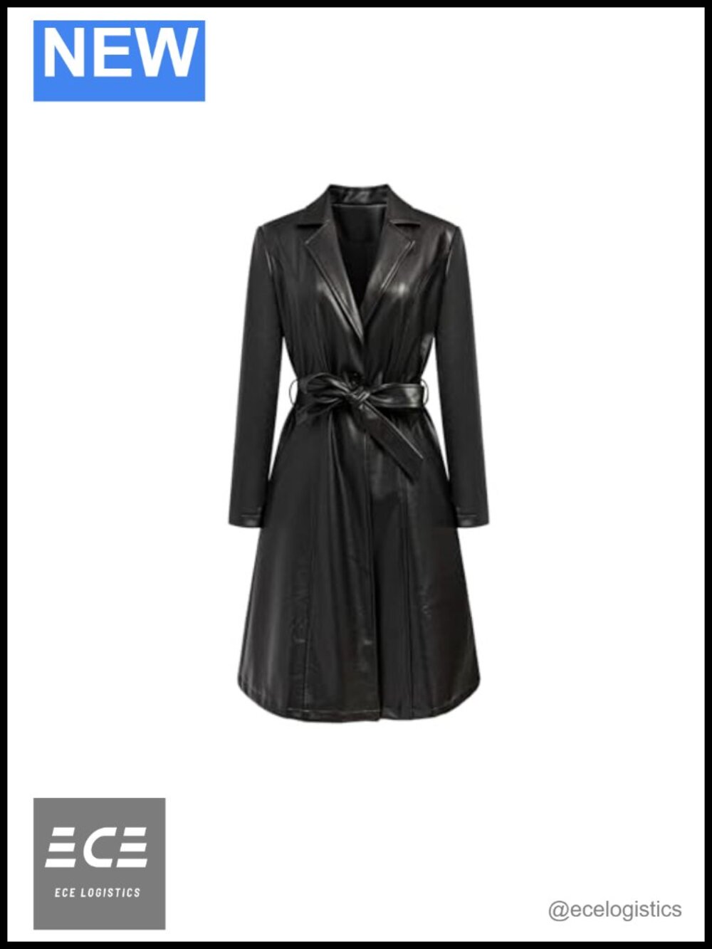 Faux PU Leather Trench Coat Long Sleeve Belted Motorcycle Biker Overcoat